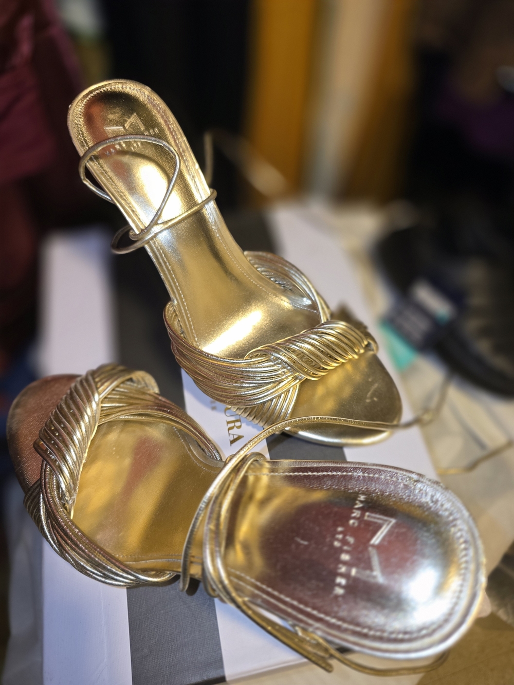 Marc Fisher Metallic Gold Twisted-Strap Heels